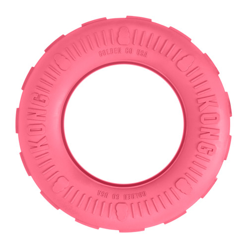 Pink tire shaped dog toy with hollowed out center.