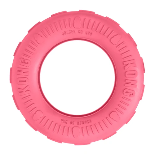 Pink tire shaped dog toy with hollowed out center.