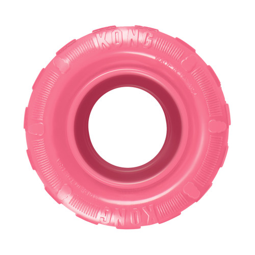Pink tire shaped dog toy with hollowed out center.