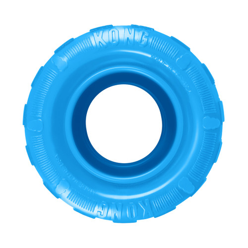 Blue tire shaped dog toy with hollowed out center.