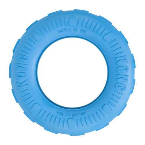 Blue tire shaped dog toy with hollowed out center.