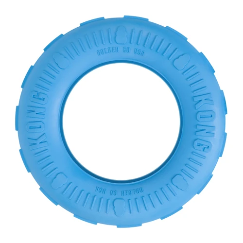 Blue tire shaped dog toy with hollowed out center.