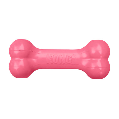 Pink bone-shaped dog toy with textured ends.