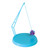 Blue hanging cat toy with dangling purple plush and bell.