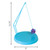 Blue hanging cat toy with dangling purple plush and bell. Shown with product dimensions
