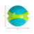 Blue and green ball-shaped dog toy with textured panels. Shown with product dimensions