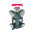 Gray elephant-shaped dog toy with soft fabric texture in seated position.  Shown in its retail packaging.