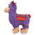 Plush purple llama dog toy with fuzzy texture and stitched smile.