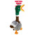 Plush mallard duck dog toy with long neck, and floppy wings. Shown in its retail packaging.