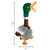 Plush mallard duck dog toy with long neck, and floppy wings. Shown with product dimensions