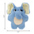 Blue elephant plush dog toy with soft texture and floppy ears.  Shown with product dimensions