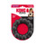 Black ring shaped dog toy with rounded texture all the way around.  Shown in its retail packaging.