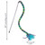 Colorful cat teaser with a long wand wrapped in braided green, blue, and purple fabric. Shown with product dimensions