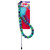Colorful cat teaser with a long wand wrapped in braided green, blue, and purple fabric. Shown in its retail packaging.