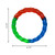 Circular dog toy with red, green, and blue segments. Shown with product dimensions