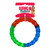 Circular dog toy with red, green, and blue segments. Shown in its retail packaging.