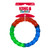 Circular dog toy with red, green, and blue segments. Shown in its retail packaging.