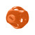 Orange ball-shaped dog toy with green accents and translucent surface.