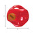 Blue ball-shaped dog toy with green accents and translucent surface. Shown with product dimensions