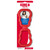 Red figure-eight tug-shaped dog toy with bumpy texture.  Shown in its retail packaging.