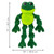 Green frog-shaped plush dog toy with soft limbs. Shown with product dimensions