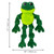Green frog-shaped plush dog toy with soft limbs. Shown with product dimensions