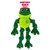 Green frog-shaped plush dog toy with soft limbs. Shown in its retail packaging.