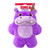 Purple hippo plush dog toy with rounded shape.  Shown in its retail packaging.