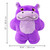 Purple hippo plush dog toy with rounded shape.  Shown with product dimensions