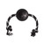 Black natural rubber ball dog toy with a red and white rope through the center.