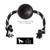 Black natural rubber ball dog toy with a red and white rope through the center. Shown with product dimensions