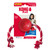 Red natural rubber ball dog toy with a red and white rope through the center. Shown in its retail packaging.