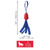 Red natural rubber KONG Shaped dog toy blue rope and tassel ends. Shown with product dimensions