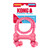 Pink bone-shaped dog toy with rope through the ends.  Shown in its retail packaging.