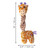 Giraffe-shaped plush dog toy with yellow body and brown spots. Shown with product dimensions