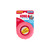 Pink tire shaped dog toy with hollowed out center.  Shown in its retail packaging.