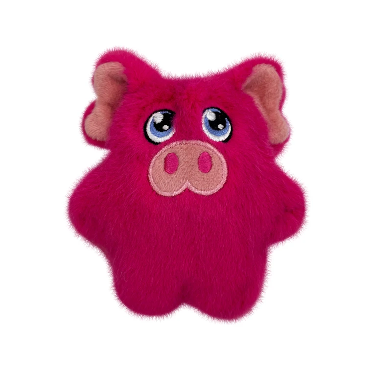 Pink pig plush dog toy with rounded body and fuzzy texture.