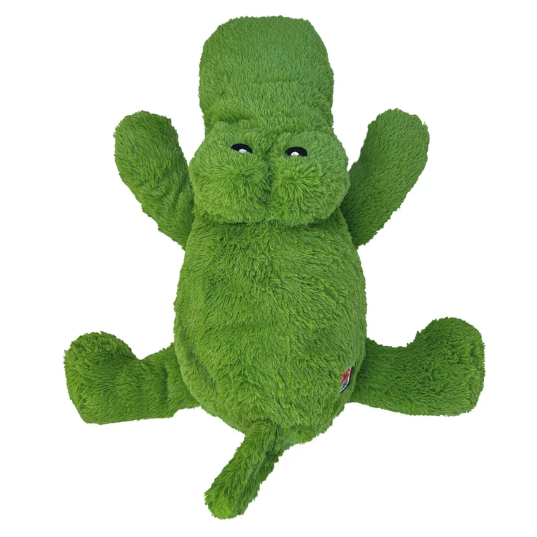 Green alligator-shaped dog toy with soft plush material.