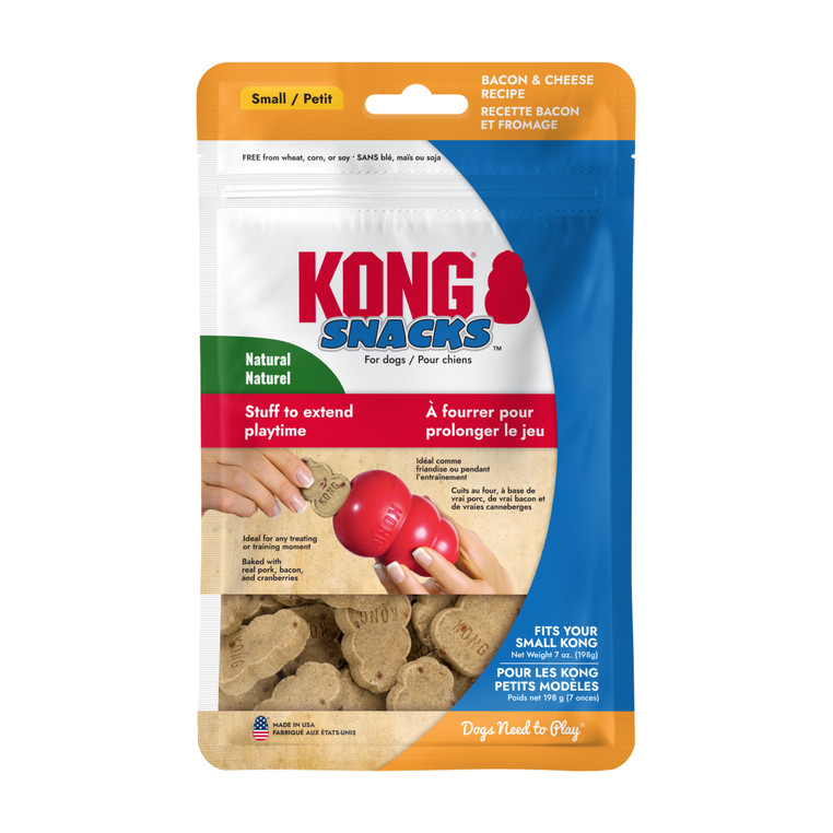 Tan KONG shaped dog treat. Shown in its retail packaging.