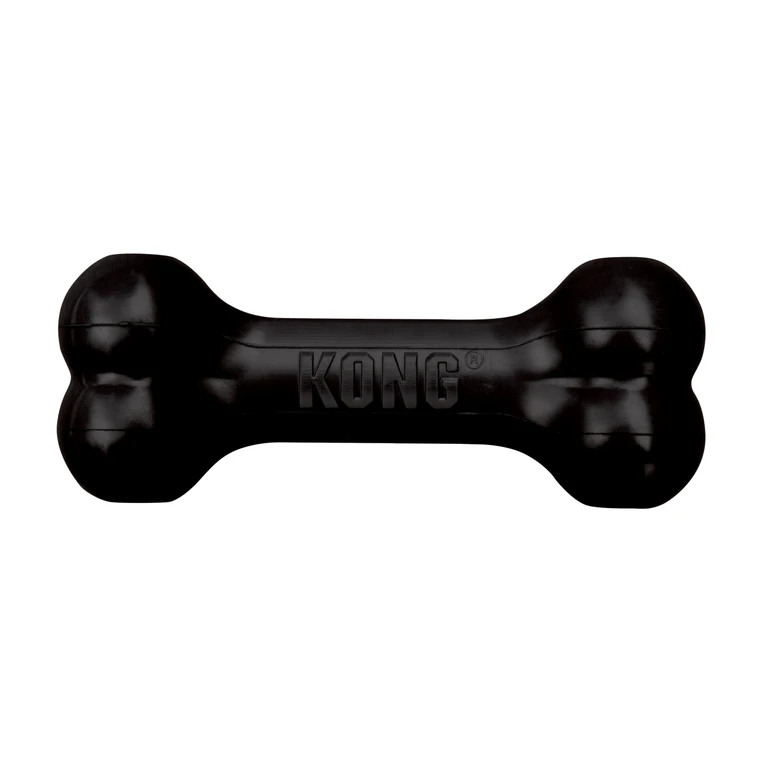 Black bone-shaped dog toy with textured ends.