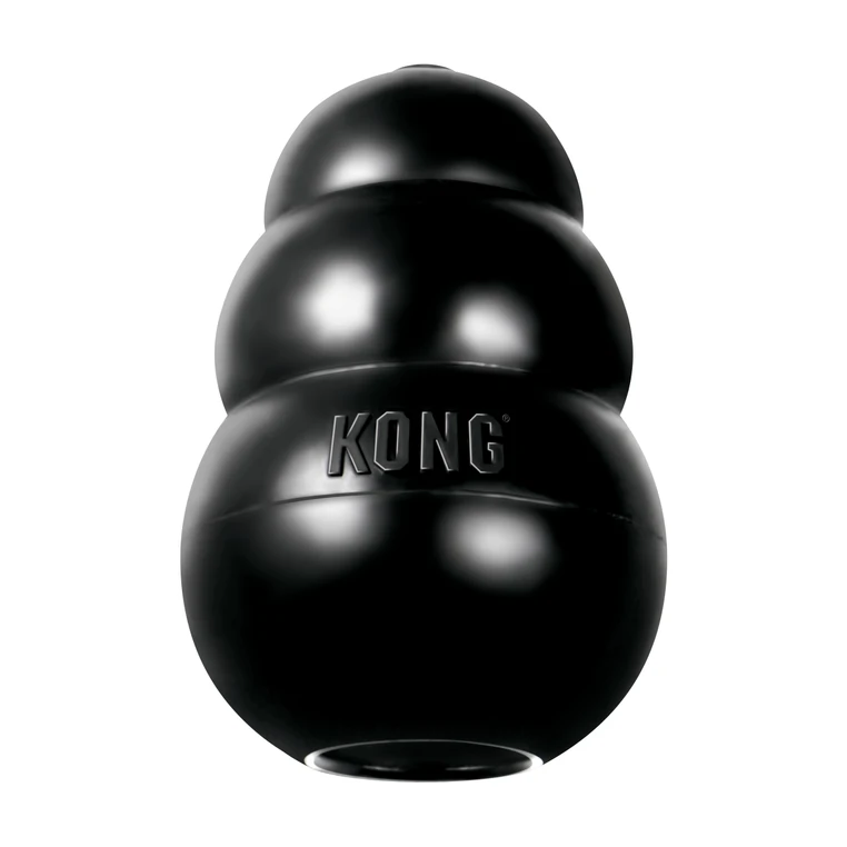 Black natural rubber KONG shaped dog toy with three tiers and “KONG” embossed.
