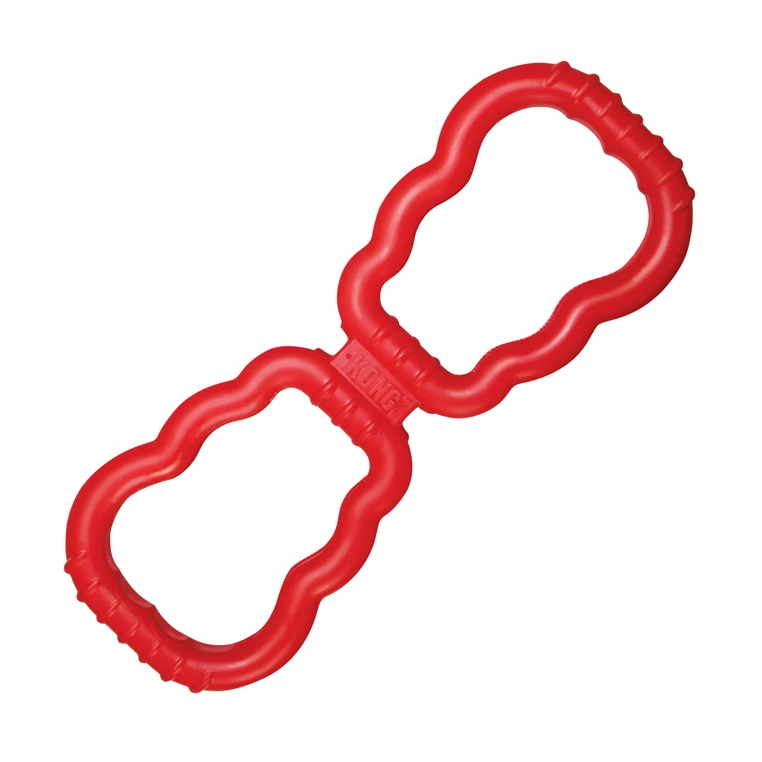 Red figure-eight tug-shaped dog toy with bumpy texture.