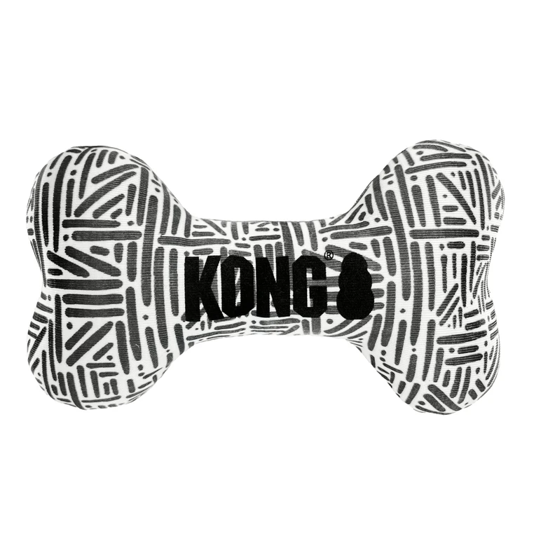 Black and white bone-shaped plush dog toy with printed pattern.
