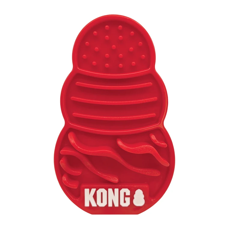 Red KONG-shaped dog feeding mat with textured grooves and ridges.
