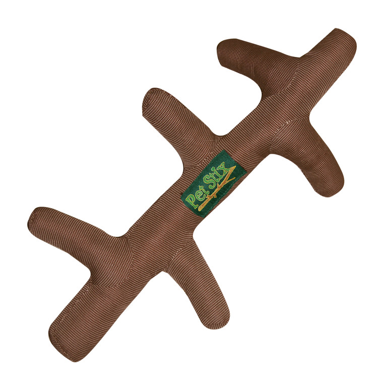 Brown stick-shaped plush dog toy with textured surface and chew-friendly design.