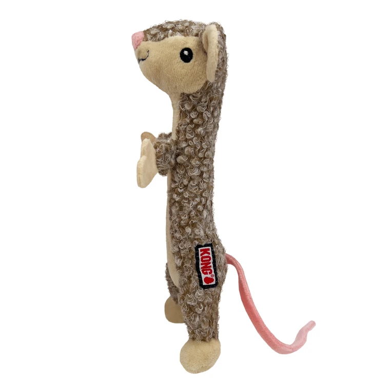 Plush mouse cat toy with long tail and pink nose.