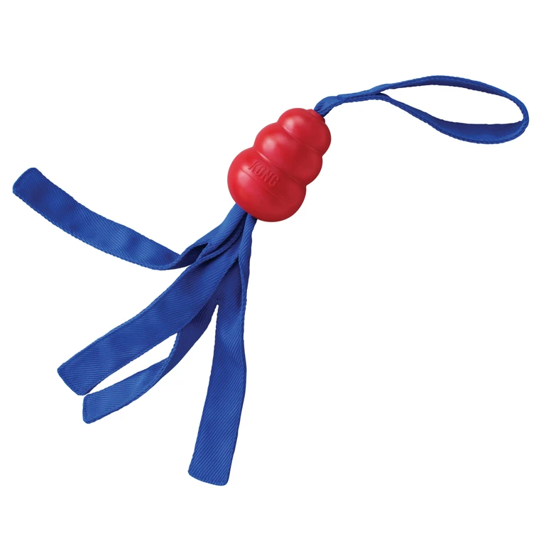 Red natural rubber KONG Shaped dog toy blue rope and tassel ends.