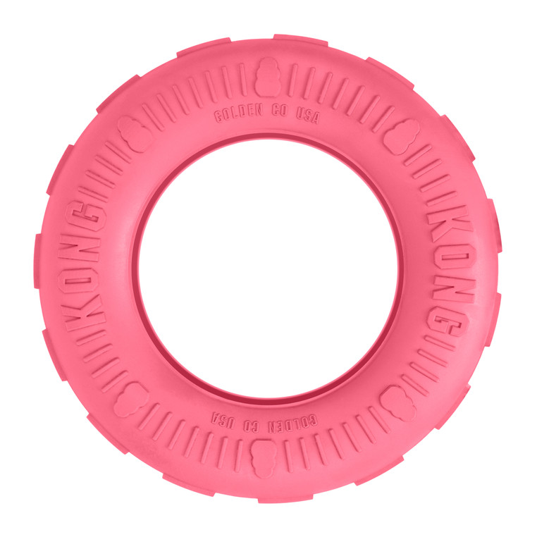Pink tire shaped dog toy with hollowed out center.