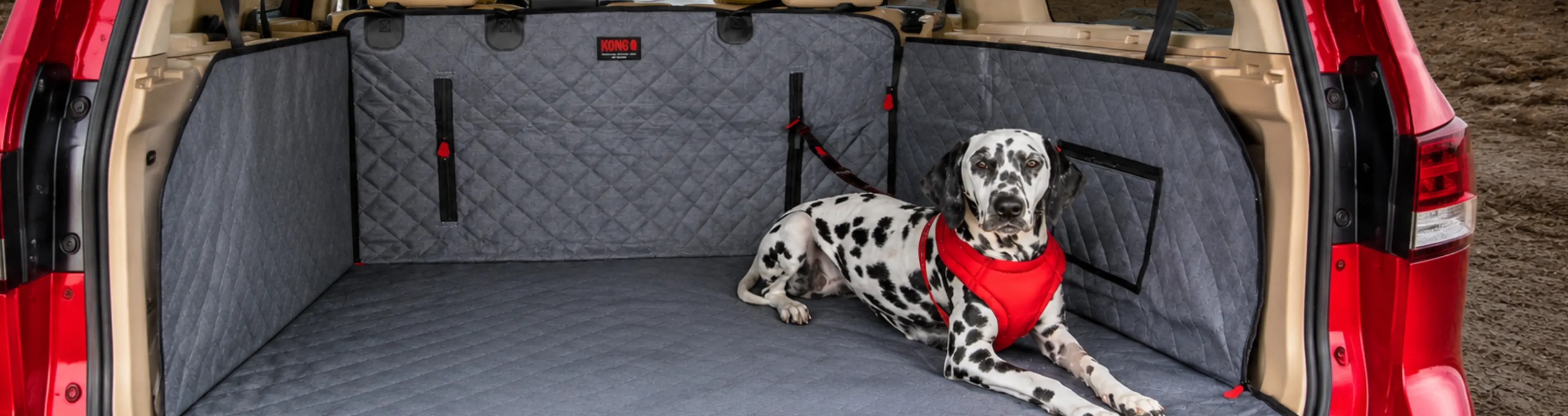 A Dalmatian lies down in a car trunk with the KONG Ultimate Cargo Liner with Tether