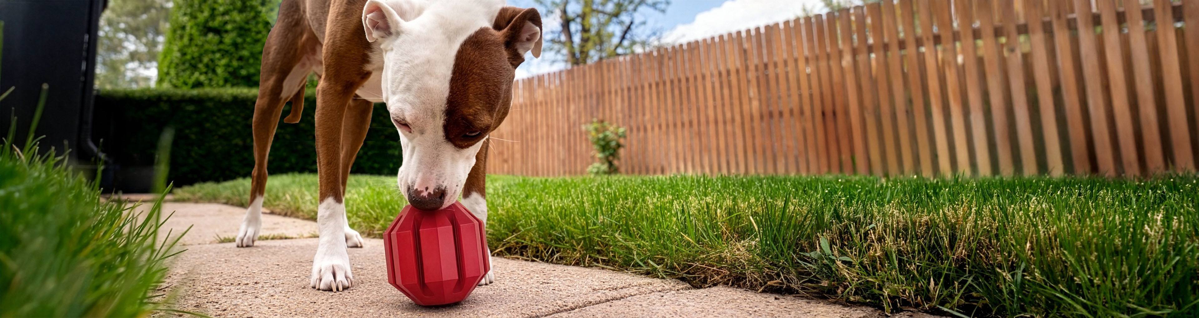 A dog standing on a paved pathway licks a KONG Stuff-A-Ball